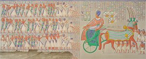 Bas-relief à Medynet-Abou, Palais des Rois à Thèbes, Volume I, planche 12, de 